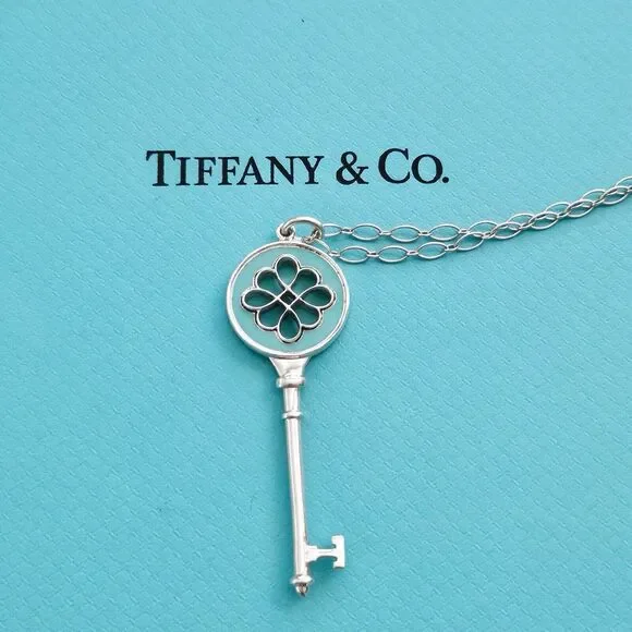 🧧SOLD🎋Tiffany & Co. Blue Enamel Knot Key Pendant Silver Oval Link Necklace 30” - Picture 2 of 9